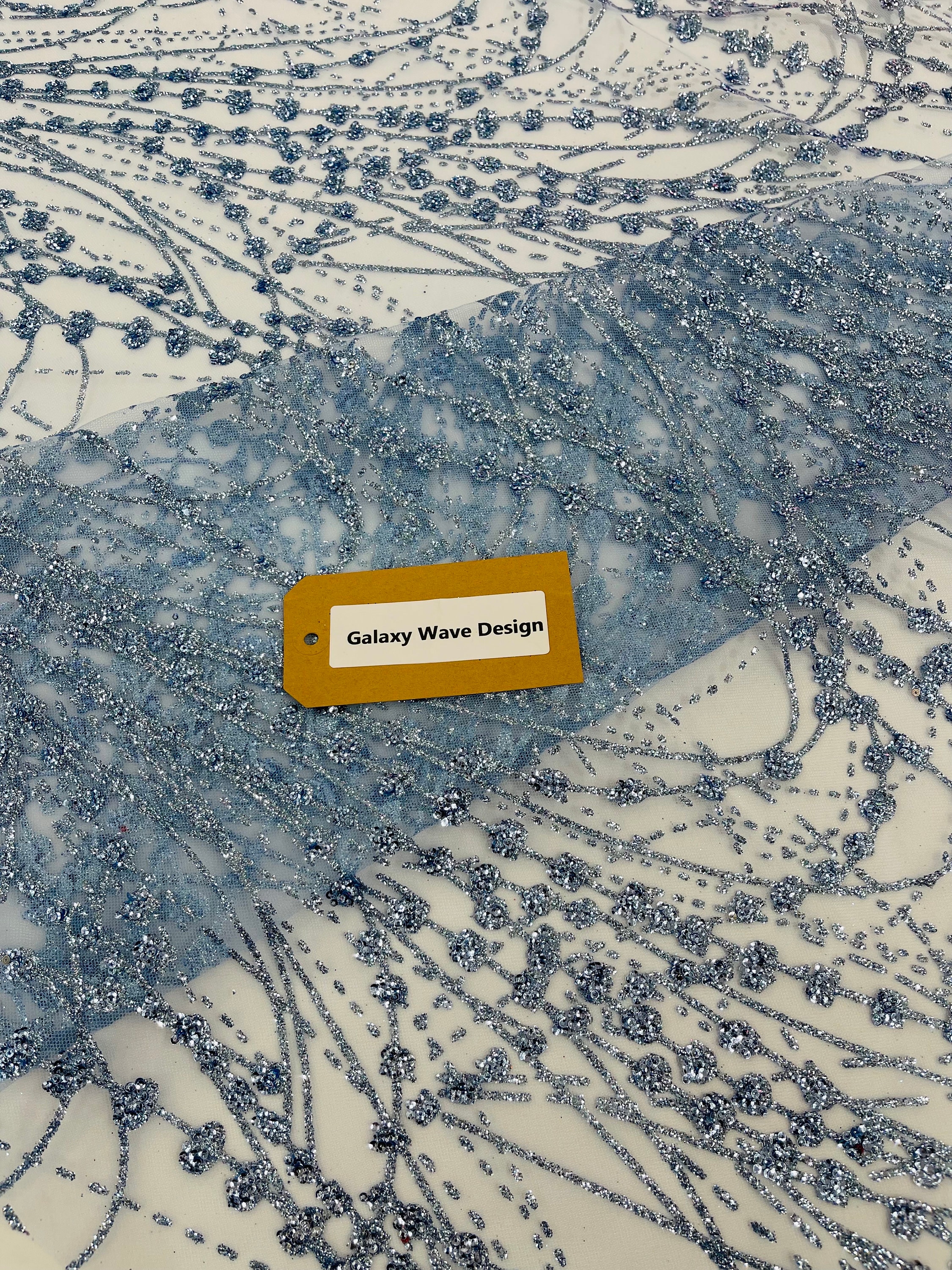 Light Blue Glitter Galaxy Design On A Mesh Lace Fabric/Prom.