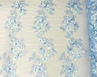 Light blue Diana 3d floral design embroider with pearls in a mesh lace-sold by the yard.