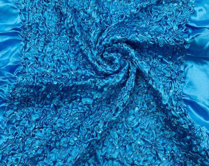 Turquoise Stretch Pleated Satin Ruffle lace Trim With Hologram Sequin/24" Wide/Sold By The Yard.