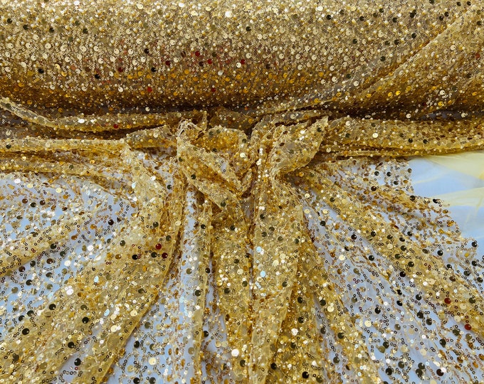 Gold heavy hand beaded princess design embroider with beads-pearls-sequins on a mesh lace-sold by yard.