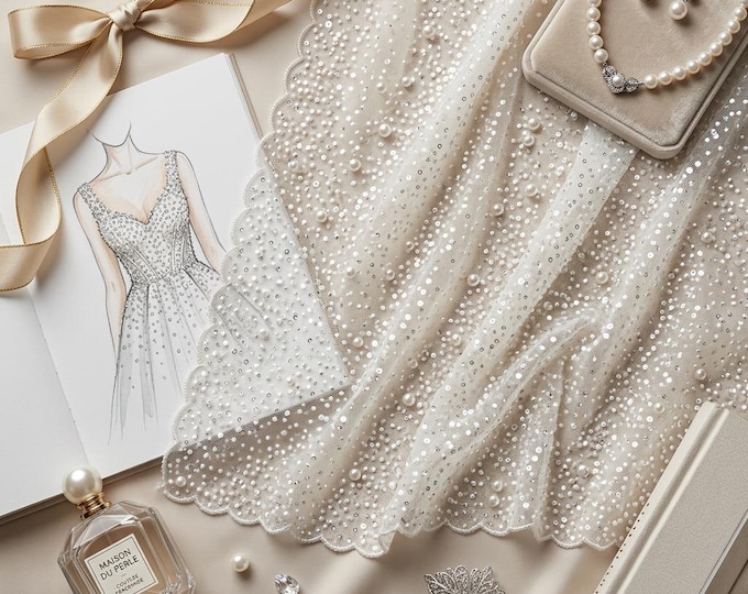 Ivory Pearl Beaded Mesh Lace Fabric by the Yard, Luxury Sequin Bridal Lace for Wedding Dress, Prom Gown, Couture Fabric