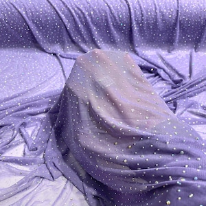Lavender Sheer All Over AB Rhinestones On Stretch Power Mesh Fabric, Sold by The Yard.