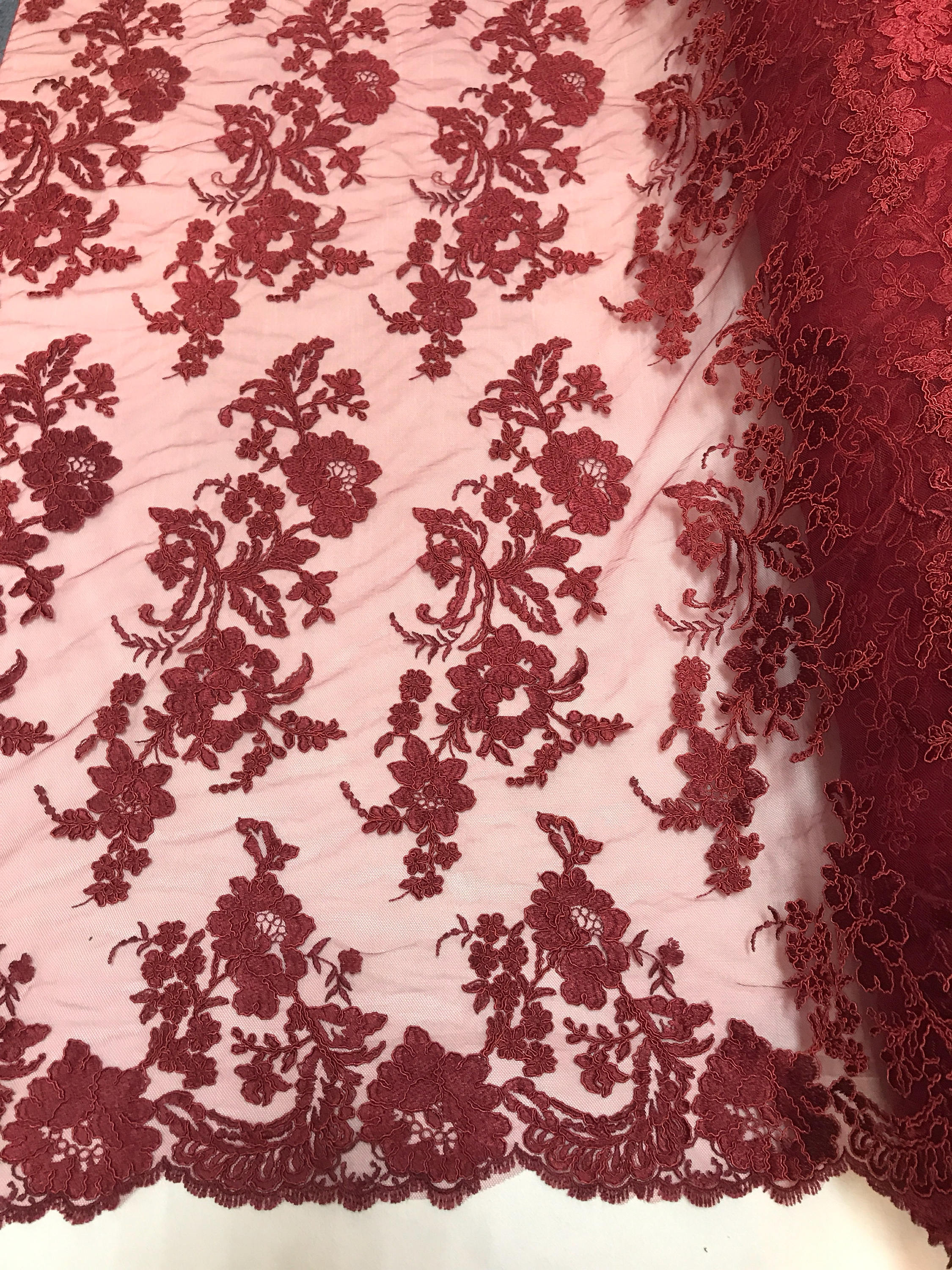 Burgundy floral design embroider and corded on a mesh lace fabric-prom ...