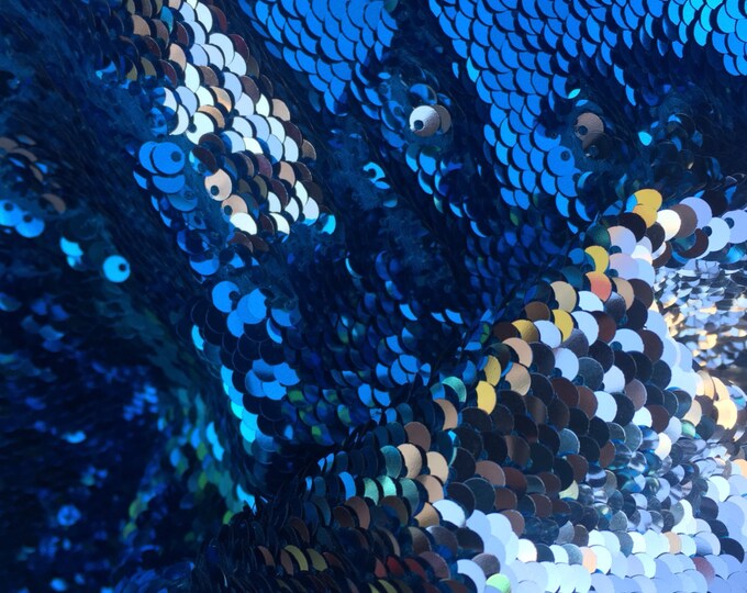 Turquoise/silver  shinny mermaid fish scale 2 way stretch flip flop fabric-prom-nightgown-decorations-dresses-sold by the yard .