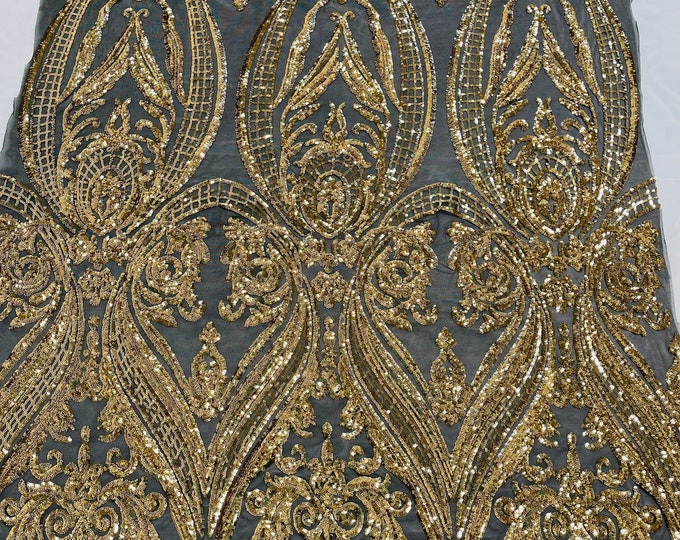 Gold empire damask design with sequins embroider on a Black 4 way stretch mesh fabric-sold by the yard.