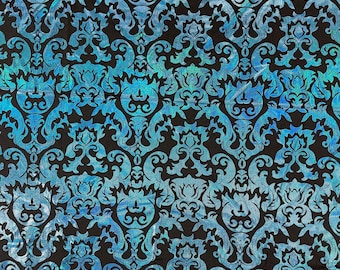 Turquoise/Black holographic nylon spandex damask design 4way Stretch 58/60" Sold By The Yard.