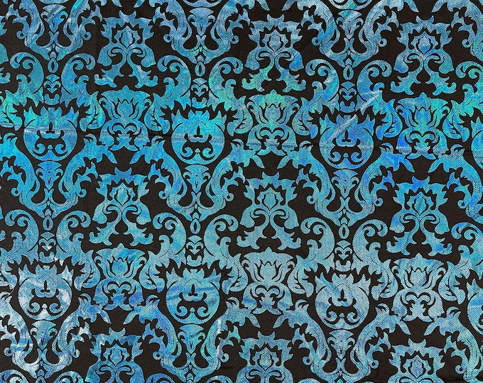 Turquoise/Black holographic nylon spandex damask design 4way Stretch 58/60" Sold By The Yard.