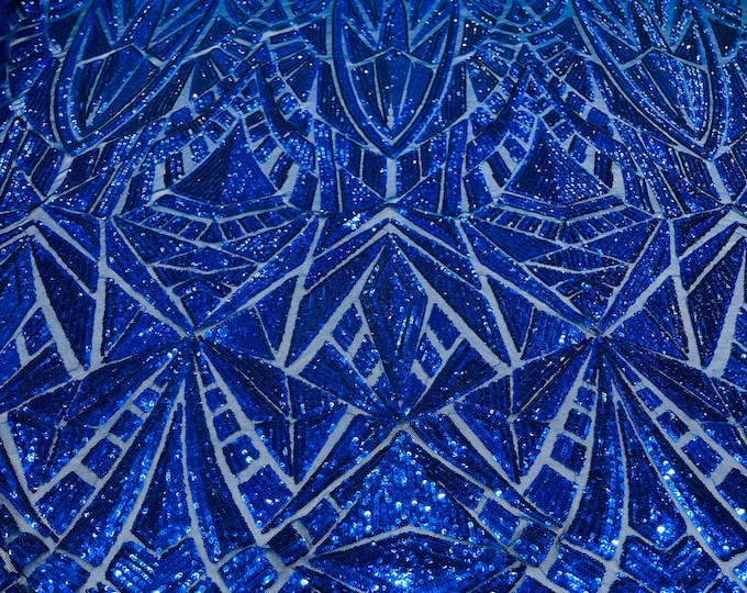 Royal blue Geometric shiny sequin design on a 4 way stretch mesh-sold by the yard.
