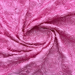Pink 3D Rosette Embroidery Satin Rose Flowers  Floral on a satin Fabric by the yard.