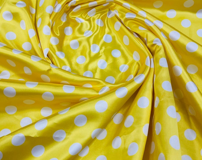 White 1/2 inch Multi Color Polka Dot On A Yellow Soft Charmeuse Satin Fabric Sold By The Yard-60" Wide 100% Polyester.