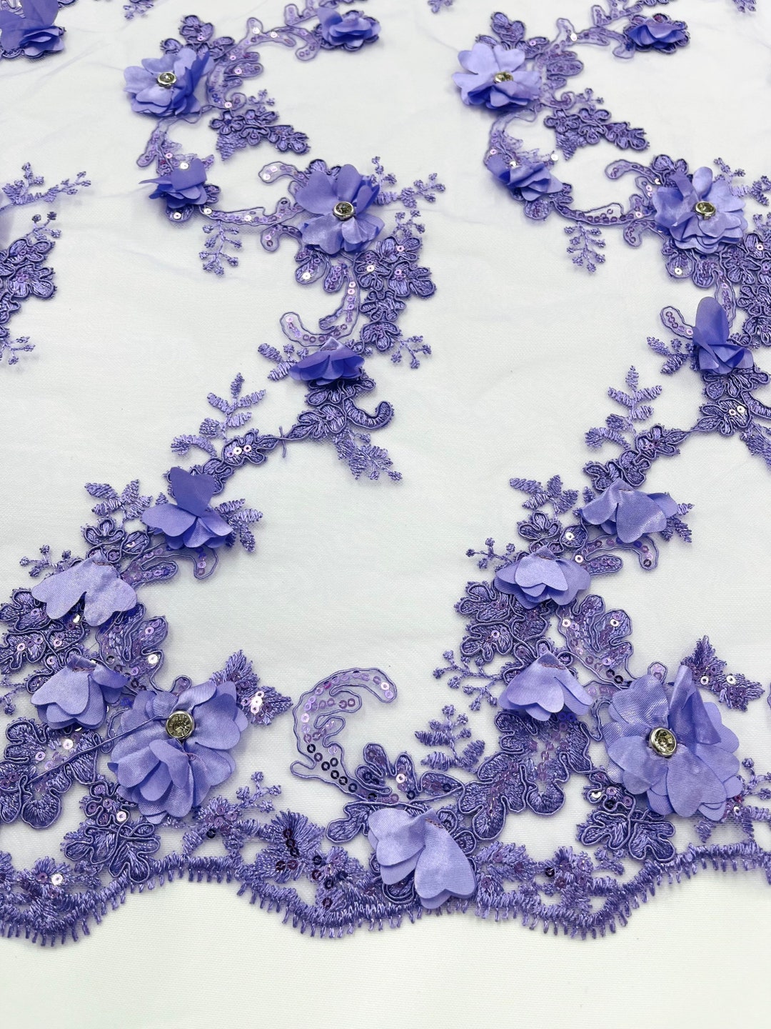 3D floral design embroider with pearls in a mesh lace-sold by the yard. Lavender main image 0