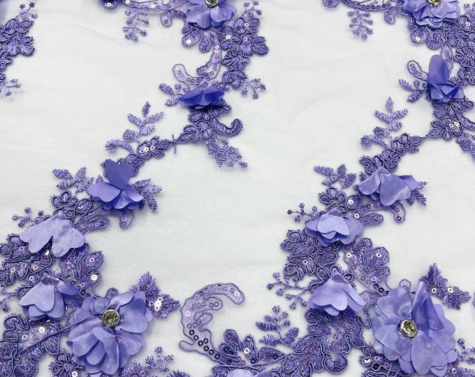 Lavender 3d floral design embroider and beaded with rhinestones on a mesh lace-prom-apparel-fashion-sold by yard.