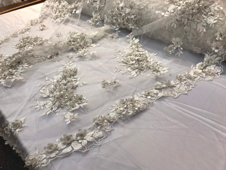 Ivory 3d floral design embroidery and beaded with rhinestones on a mesh lace-prom-nightgown-sold by the yard-free shipping in the USA