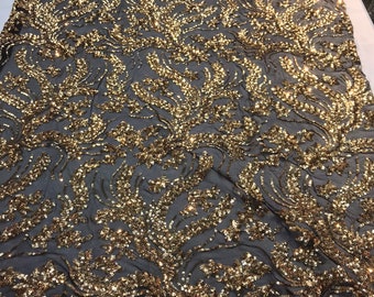 Gold sequins vine design embroidery on a black 4 way Stretch Mesh-dresses-fashion-prom-nightgown-decorations-sold by the yard.