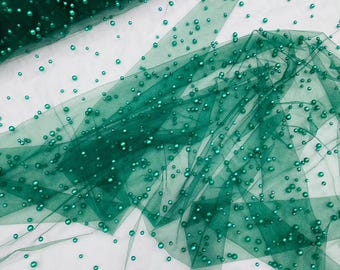 Hunter Green Heavy Scattered Pearls Studded Mesh, 2-Way Stretch, sold by the yard.