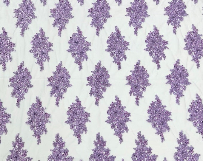 Lavender - Erin Diamond Beaded Metallic Floral Embroider On a Mesh Lace Fabric-Sold By The Yard-