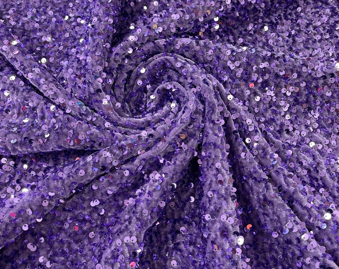 Lavender stretch velvet with luxury sequins all over 5mm shining sequins 2-way stretch, sold by the yard.