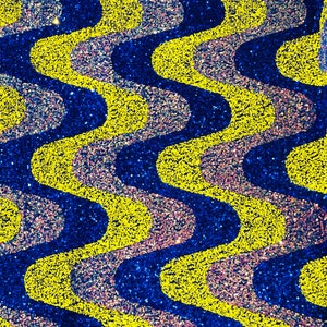 Royal/Yellow/Clear Iridescent sequin Wave Design On Royal stretch velvet all over 5mm shining sequins 2-way stretch, sold by the yard.