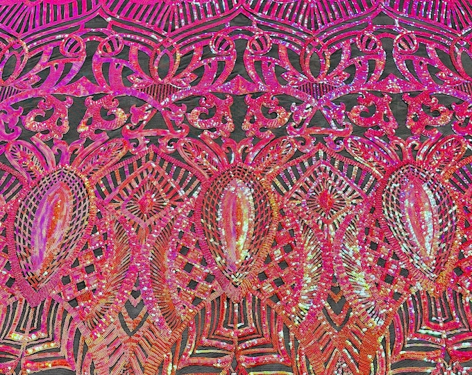 Fuchsia/gold  iridescent royalty sequin design on a black 4 way stretch mesh-prom-sold by the yard.