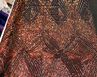 Orange geometric diamond design with shiny iridescent sequins on a black 4 way stretch mesh-dresses-prom-nightgown-sold by the yard-