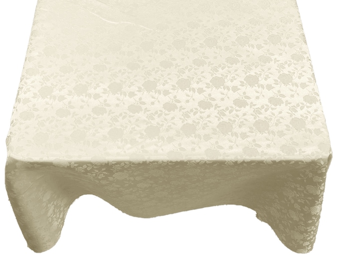 Ivory Roses Jacquard Satin Rectangular Tablecloth Seamless/Party Supply.