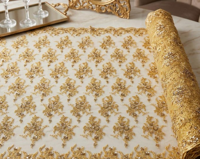 Gold Embroidered Beaded Lace Fabric by the Yard, French Mesh Lace for Bridal Dress, Wedding Gown, Prom Fabric, Couture Lace