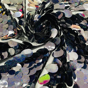 Black Holographic Jumbo Sequins Oval Sequin Paillette/Tear Drop Mermaid Big Sequins Fabric On Black Mesh/ 54 Inches Wide.