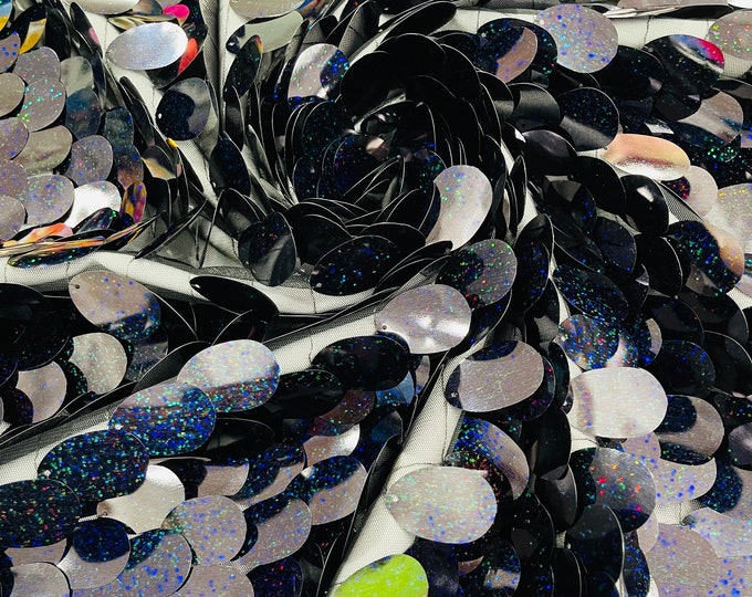 Black Holographic Jumbo Sequins Oval Sequin Paillette/Tear Drop Mermaid Big Sequins Fabric On Black Mesh/ 54 Inches Wide.