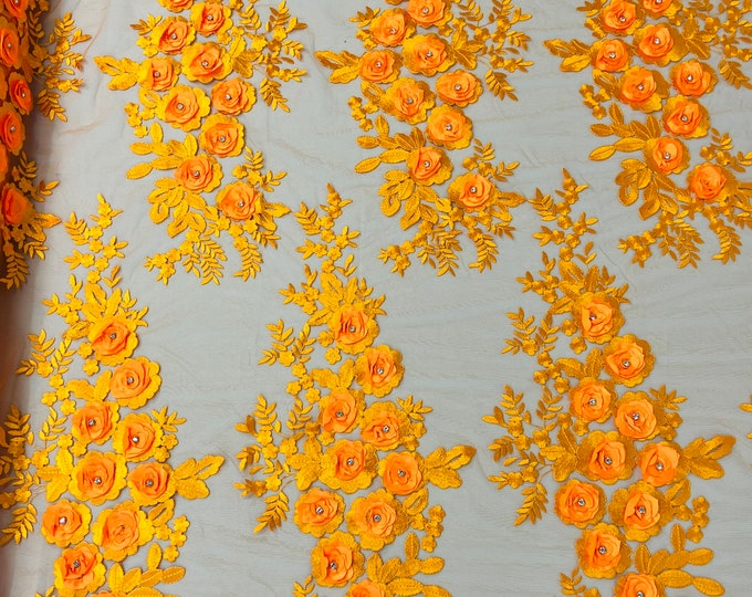 Orange 3d floral design embroider and beaded with rhinestones on a mesh lace-prom-dresses-nightgown-apparel-fashion-sold by yard.