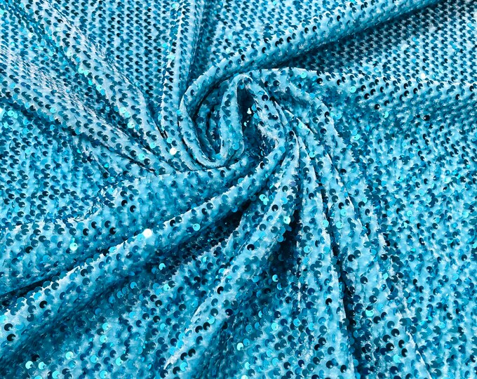 Aqua Shiny sequins on a stretch velvet fabric-Prom-Nightgown-sold by the yard.