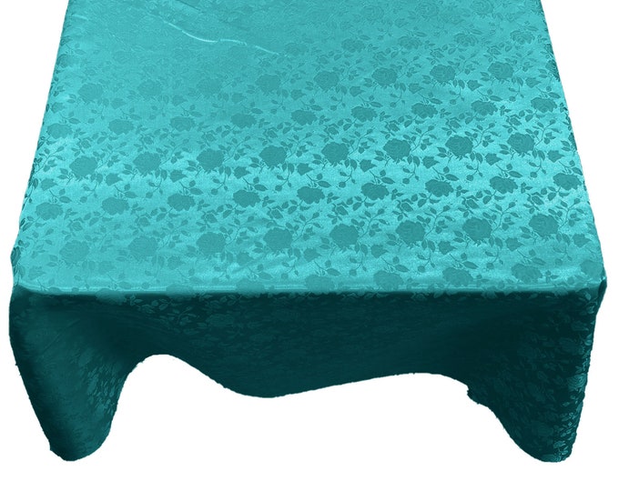 Aqua Roses Jacquard Satin Rectangular Tablecloth Seamless/Party Supply.