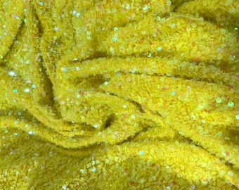 Neon Yellow Iridescent 5mm sequins all over a yellow stretch velvet , sold by the yard.