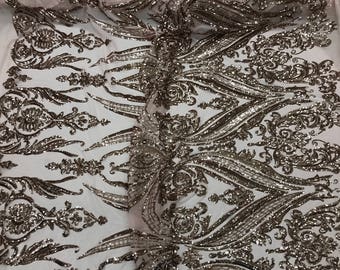 Nude empire design with sequins embroider on a 2 way stretch blush mesh fabric-prom-nightgown-decorations-sold by the yard.