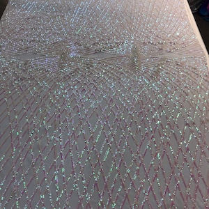 Iridescent White Sequins diamond design embroidery on a white 4 way stretch power mesh-dresses-fashion-apparel-prom-nightgown-Sold by yard.
