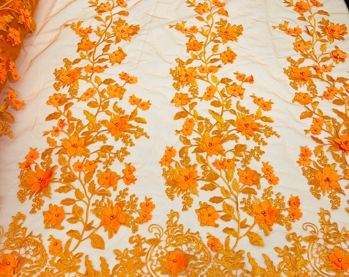 Orange Emily 3d floral design embroider with pearls in a mesh lace-sold by the yard.