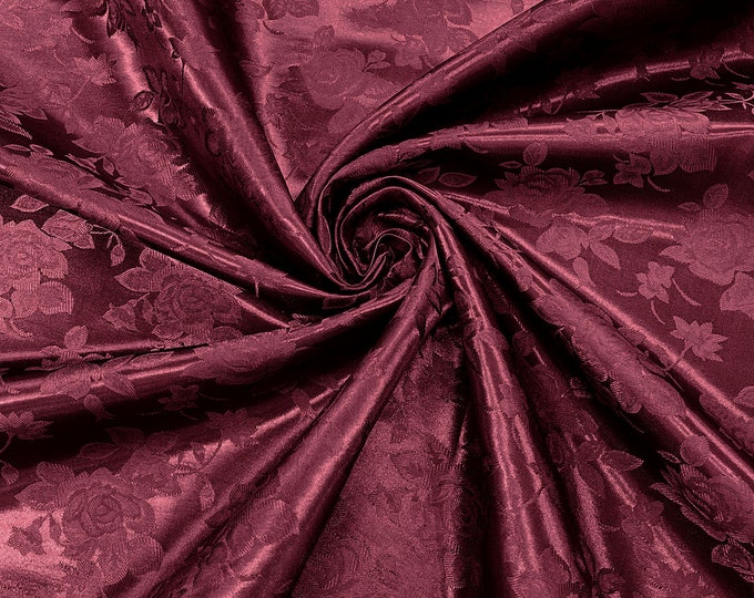 Burgundy 60" Wide Polyester Big Roses/Flowers Brocade Jacquard Satin Fabric/Cosplay Costumes, Skirts, Table Linen/Sold By The Yard.