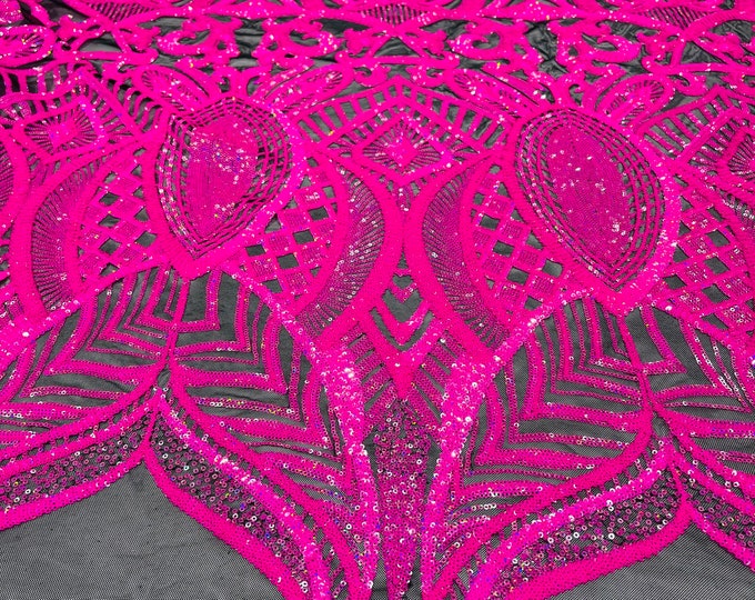 Neon pink iridescent royalty sequin design on a black 4 way stretch mesh-prom-sold by the yard.