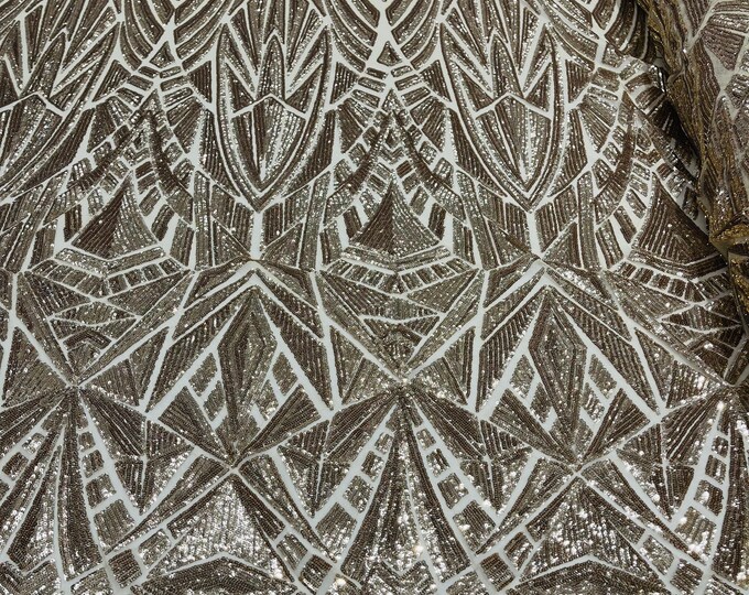 Gold Geometric shiny sequin design on a 4 way stretch mesh-sold by the yard.