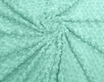 Ice Mint 58" Wide Minky Swirl Rose Blossom Ball Rosebud Plush Fur Fabric Polyester