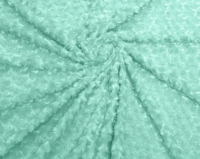 Ice Mint 58" Wide Minky Swirl Rose Blossom Ball Rosebud Plush Fur Fabric Polyester