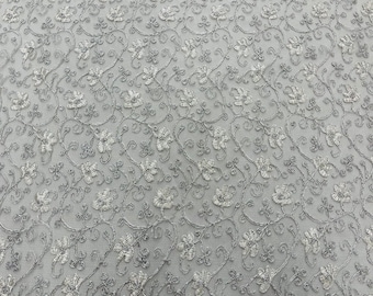 Silver/white lace with cord embroidery flowers on a mesh fabric -dresses-fashion-prom-nightgown-sold by yard-free shipping.