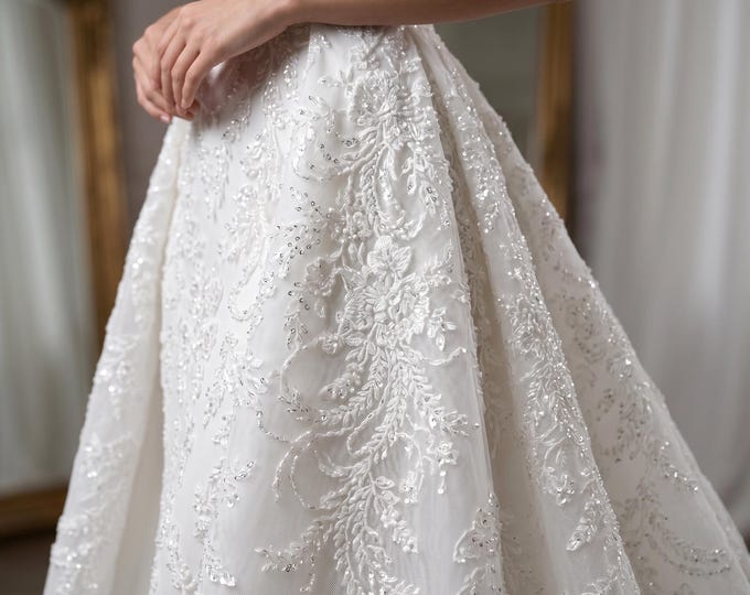 White French Beaded Lace Fabric by Yard, Embroidered Mesh Lace for Bridal Dress Wedding Gown Prom Decor