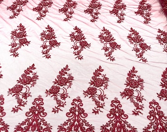Burgundy elegant hand beaded flower design embroider on a mesh lace-prom-sold by the yard.