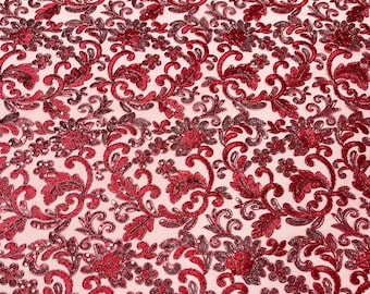 Burgundy metallic corded embroider flowers with sequins on a mesh lace fabric-prom-sold by the yard.