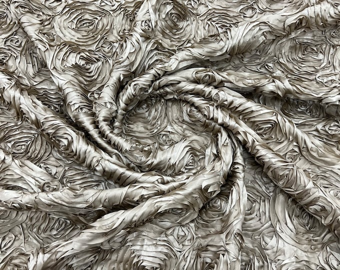 Silver 3D Rosette Embroidery Satin Rose Flowers  Floral on a satin Fabric by the yard.