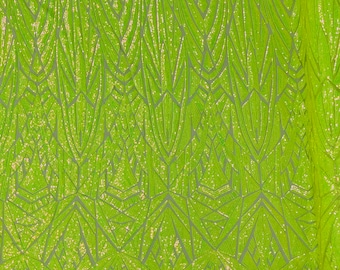 Neon Green iridescent Geometric shiny sequin design on a 4 way stretch mesh-sold by the yard.