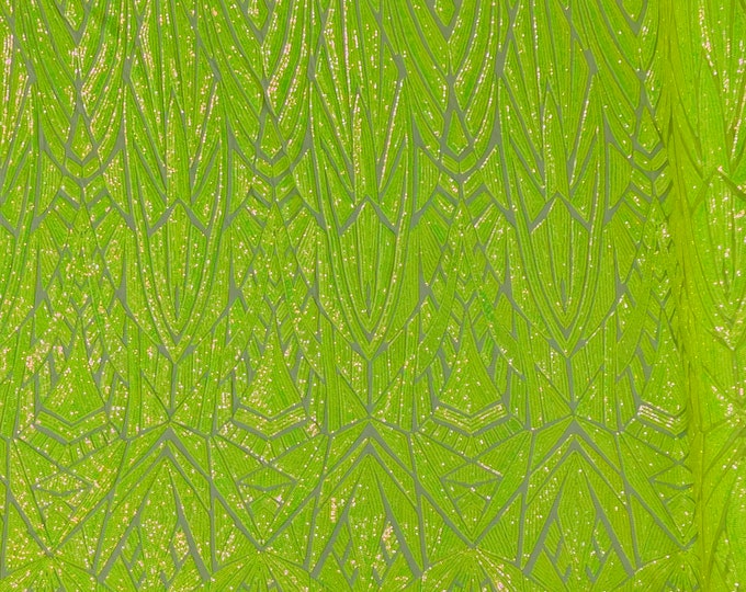 Neon Green iridescent Geometric shiny sequin design on a 4 way stretch mesh-sold by the yard.