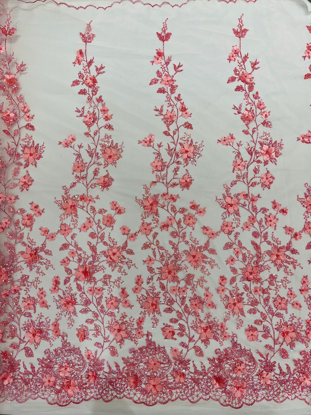 Pink 3D Princess Satin Flower Glitter Sequin Lace Fabric 54" Wide ...
