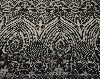 Black geometric diamond design embroidery with sequins on a 4 way stretch mesh-dresses-fashion-prom-nightgown-sold by the yard.