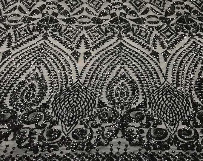 Black geometric diamond design embroidery with sequins on a 4 way stretch mesh-dresses-fashion-prom-nightgown-sold by the yard.